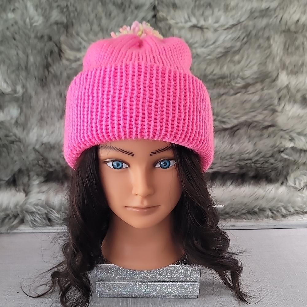 Handmade Pink Knit Beanie with Multicolor Pom-Pom
